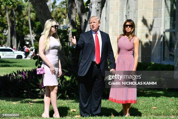 President Donald Trump with First Lady Melania Trump and daughter Tiffany Trump arrive for Easter service at the Church of Bethesda-by-the-Sea in...