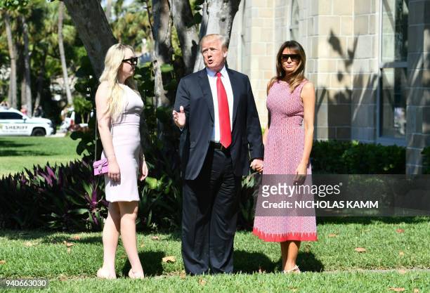 President Donald Trump with First Lady Melania Trump and daughter Tiffany Trump arrives for Easter service at the Church of Bethesda-by-the-Sea in...