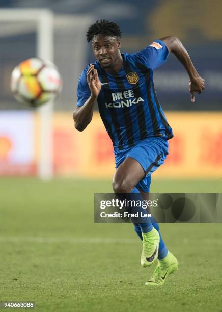 Richmond Boakye of Jiangsu Suning FC in action during the 2018 Chinese Super League match between Jiangsu Suning and Tianjin Teda at Nanjing Olympic...