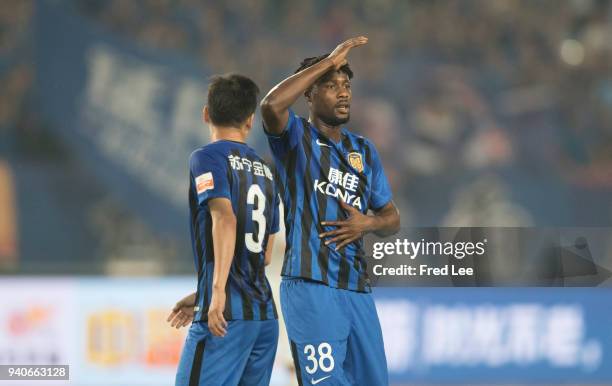 Richmond Boakye of Jiangsu Suning FC celebrates a goal during the 2018 Chinese Super League match between Jiangsu Suning and Tianjin Teda at Nanjing...