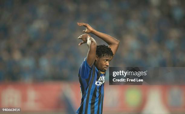 Richmond Boakye of Jiangsu Suning FC in action during the 2018 Chinese Super League match between Jiangsu Suning and Tianjin Teda at Nanjing Olympic...