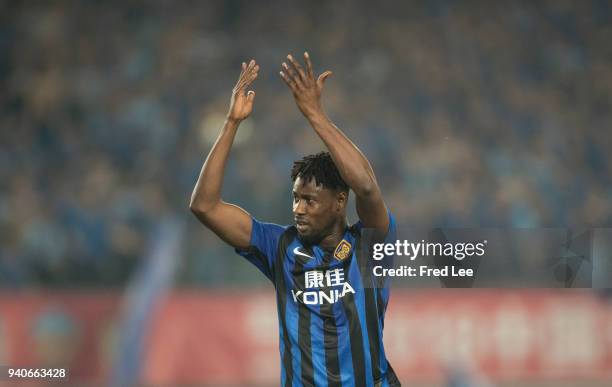 Richmond Boakye of Jiangsu Suning FC in action during the 2018 Chinese Super League match between Jiangsu Suning and Tianjin Teda at Nanjing Olympic...