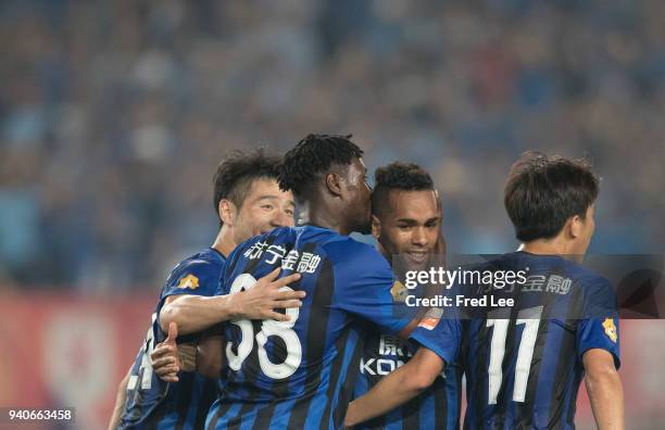 Richmond Boakye of Jiangsu Suning FC celebrates a goal during the 2018 Chinese Super League match between Jiangsu Suning and Tianjin Teda at Nanjing...