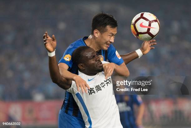Frank Acheampong of Tianjin Teda FC in action during the 2018 Chinese Super League match between Jiangsu Suning and Tianjin Teda at Nanjing Olympic...