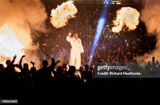 Anthony Joshua walks to the ring prior to his WBA, IBF, WBO & IBO Heavyweight Championship title fight against Joseph Parker at Principality Stadium...