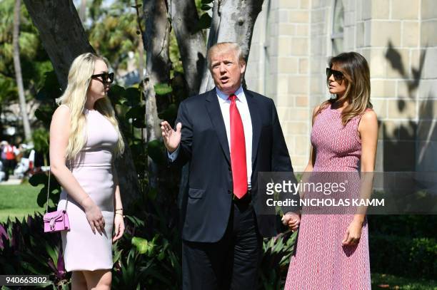 President Donald Trump with First Lady Melania Trump and daughter Tiffany Trump arrives for Easter service at the Church of Bethesda-by-the-Sea in...
