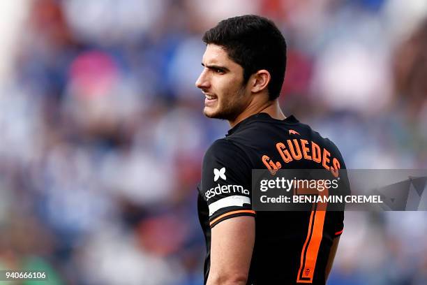 Valencia's Portuguese forward Goncalo Guedes reacts during the Spanish League football match between Leganes and Valencia at the Butarque stadium on...