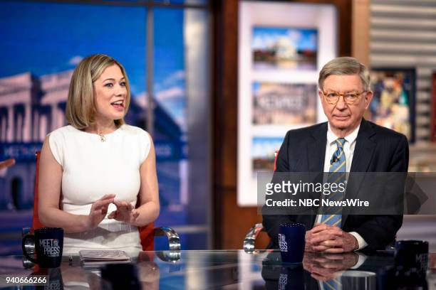 Pictured: Elise Jordan, MSNBC Political Analyst, and George Will, Syndicated Columnist, appear on "Meet the Press" in Washington, D.C., Sunday, April...