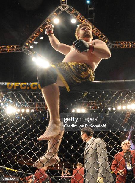 Fighter Roy Nelson celebrates after knocking out UFC fighter Brendan Schaub during their Heavyweight Finale fight at The Ultimate Fighter Season 10...