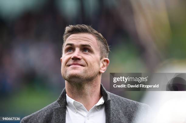 Dublin , Ireland - 1 April 2018; Recently retired Leinster player Jamie Heaslip is presented to the crowd ahead of the European Rugby Champions Cup...