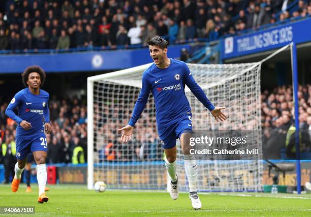 Alvaro Morata of Chelsea celebrates after scoring his sides first goal during the Premier League match between Chelsea and Tottenham Hotspur at...