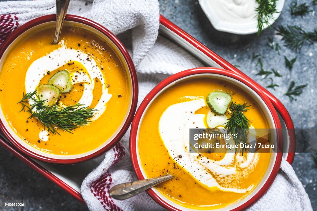 Carrot, Fennel and Mandarin Soups in Tray