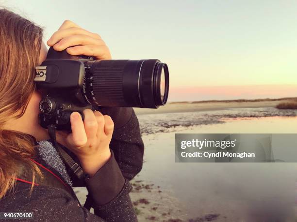 tween girl using camera - küstenschutzgebiet assateague island stock-fotos und bilder