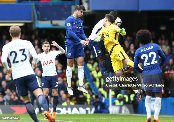 Alvaro Morata of Chelsea scores their 1st goal during the Premier League match between Chelsea and Tottenham Hotspur at Stamford Bridge on April 1,...