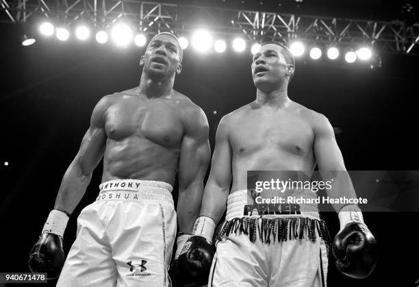 Anthony Joshua and Joseph Parker react after there WBA, IBF, WBO & IBO Heavyweight Championship title fight at Principality Stadium on March 31, 2018...