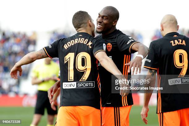 Rodrigo of Valencia CF celebrates 0-1 with Geoffrey Kondogbia of Valencia CF during the La Liga Santander match between Leganes v Valencia at the...