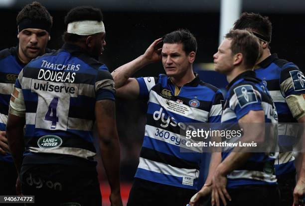 Freddie Burns of Bath looks on during the Anglo-Welsh Cup Final match between Bath Rugby and Exeter Chiefs at Kingsholm Stadium on March 30, 2018 in...