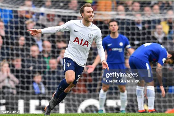 Tottenham Hotspur's Danish midfielder Christian Eriksen celebrates after scoring their first goal during the English Premier League football match...