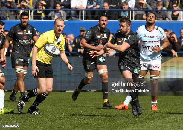 Greig Laidlaw of Clermont during the European Rugby Champions Cup match between ASM Clermont Auvergne and Racing 92 at Stade Marcel Michelin on April...