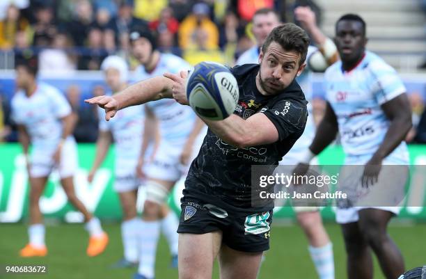 Greig Laidlaw of Clermont during the European Rugby Champions Cup match between ASM Clermont Auvergne and Racing 92 at Stade Marcel Michelin on April...