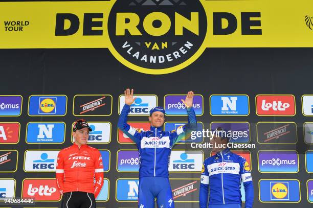 Podium / Niki Terpstra of The Netherlands and Team Quickstep Floors / Mads Pedersen of Denmark and Team Trek Segafredo/ Philippe Gilbert of Belgium...