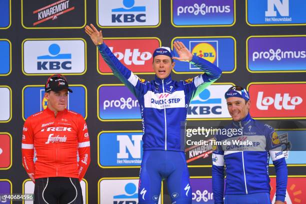 Podium / Mads Pedersen of Denmark and Team Trek Segafredo / Niki Terpstra of The Netherlands and Team Quick-Step Floors / Philippe Gilbert of Belgium...