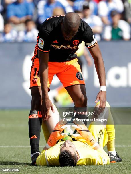 Geoffrey Kondogbia of Valencia CF, Ivan Cuellar of Leganes during the La Liga Santander match between Leganes v Valencia at the Estadio Municipal de...