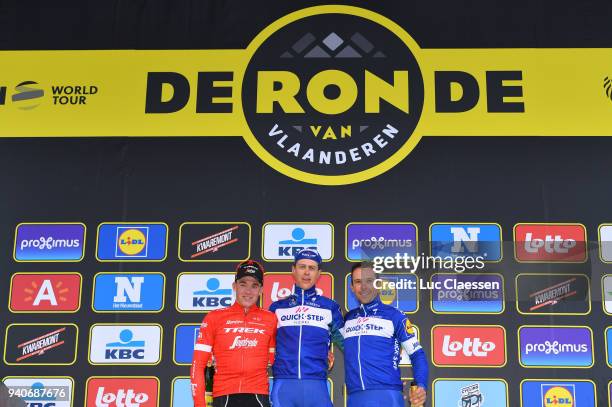 Podium / Mads Pedersen of Denmark and Team Trek Segafredo / Niki Terpstra of The Netherlands and Team Quickstep Floors / Philippe Gilbert of Belgium...