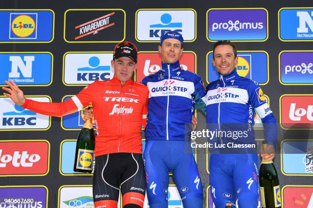 Podium / Mads Pedersen of Denmark and Team Trek Segafredo / Niki Terpstra of The Netherlands and Team Quickstep Floors / Philippe Gilbert of Belgium...