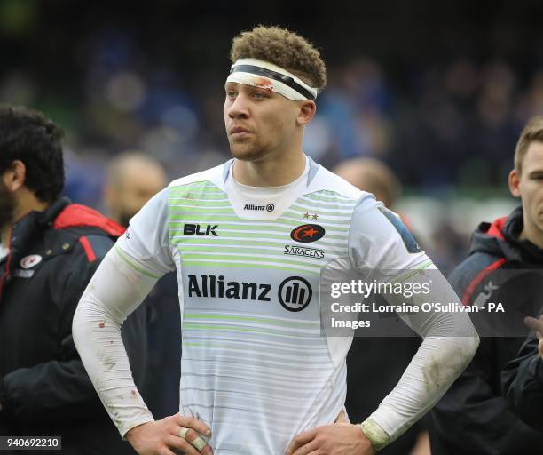 Saracens Nick Isiekwe reacts after the quarter final of the European Champions Cup match at The Aviva Stadium, Dublin.