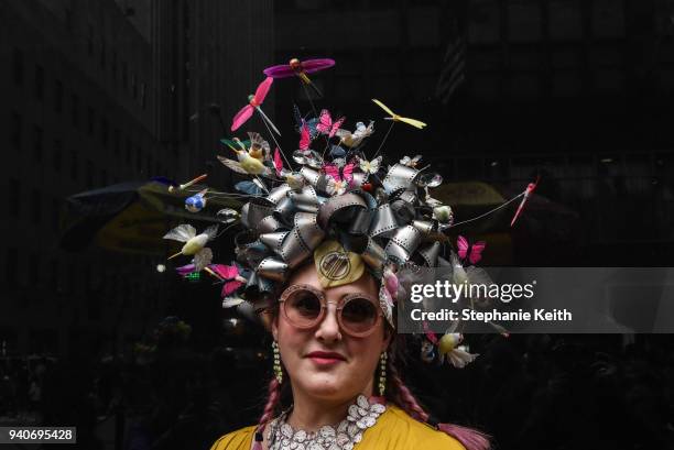 Woman wears an Easter bonnet while participating in the annual Easter parade along 5th Ave. On April 1, 2018 in New York City. Dateing back to the...