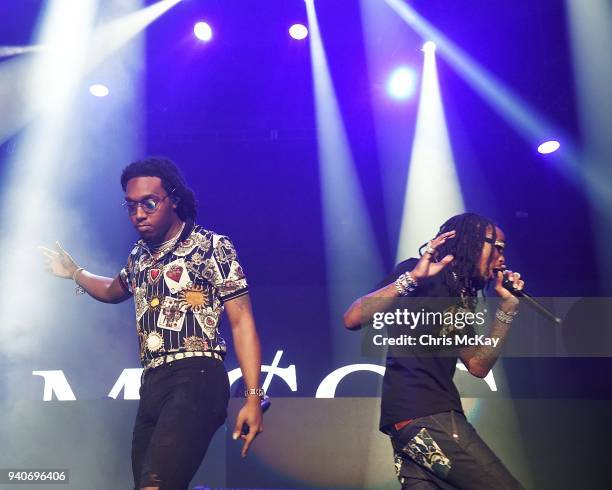 Takeoff and Quavo of Migos perform during the V-103 Live Pop Up Concert at Philips Arena on March 31, 2018 in Atlanta, Georgia.