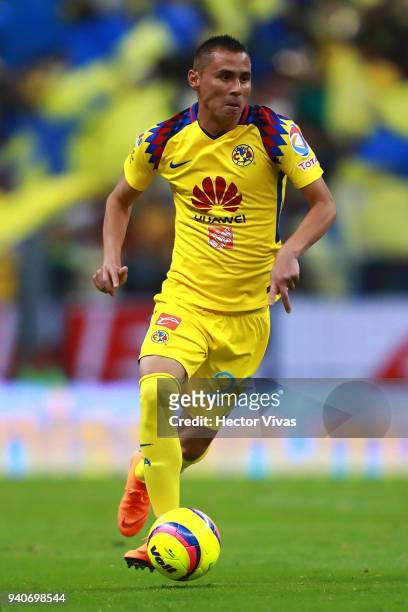 Paul Aguilar of America drives the ball during the 13th round match between America and Cruz Azul as part of the Torneo Clausura 2018 Liga MX at...