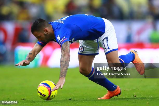 Edgar Mendez of Cruz Azul drives the ball during the 13th round match between America and Cruz Azul as part of the Torneo Clausura 2018 Liga MX at...