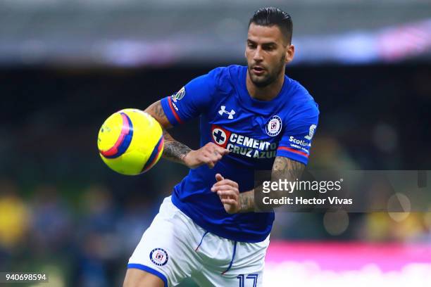 Edgar Mendez of Cruz Azul looks at the ball during the 13th round match between America and Cruz Azul as part of the Torneo Clausura 2018 Liga MX at...
