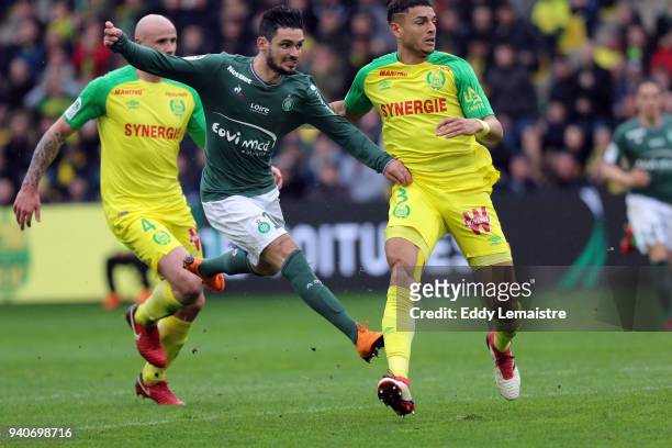 Remy Cabella of Saint Etienne is scoring his first goal during the Ligue 1 match between FC Nantes and AS Saint Etienne on April 1, 2018 in Nantes,...