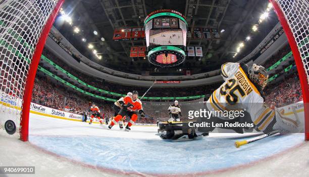 Anton Khudobin of the Boston Bruins surrenders a first period goal to Claude Giroux of the Philadelphia Flyerson April 1, 2018 at the Wells Fargo...