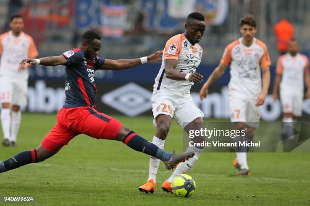Casimir Ninga of Montpellier and Ismael Diomande of Caen during the Ligue 1 match between SM Caen and Montpellier on April 1, 2018 in Caen, France.