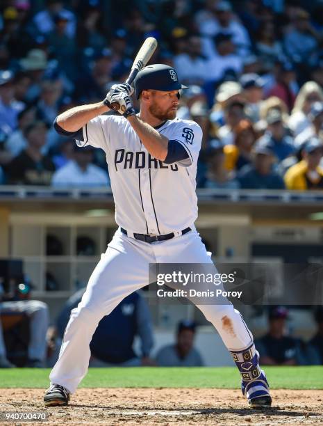 Chase Headley of the San Diego Padres plays on Opening Day against the Milwaukee Brewers at PETCO Park on March 29, 2018 in San Diego, California....