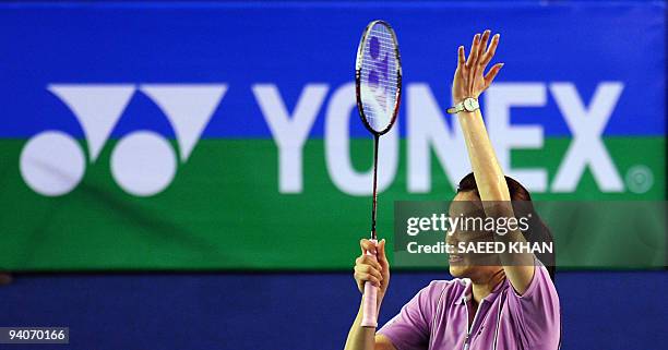 Wong Mew Choo of Malaysia celebrates her victory over Juliane Schenk of Germany during women's singles final at the Badminton World Super Series...