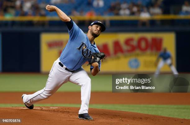 Pitcher Jacob Faria of the Tampa Bay Rays pitches during the first inning of a game against the Boston Red Sox on April 1, 2018 at Tropicana Field in...