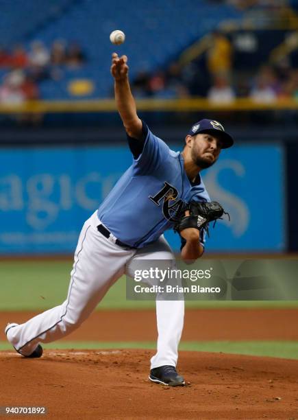 Pitcher Jacob Faria of the Tampa Bay Rays pitches during the first inning of a game against the Boston Red Sox on April 1, 2018 at Tropicana Field in...