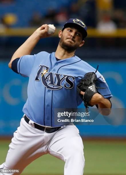 Pitcher Jacob Faria of the Tampa Bay Rays pitches during the first inning of a game against the Boston Red Sox on April 1, 2018 at Tropicana Field in...