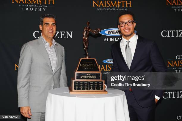 Citizen Naismith Men's College Player of the Year Jalen Brunson of the Villanova Wildcats poses with head coach Jay Wright and the 2018 Citizen...