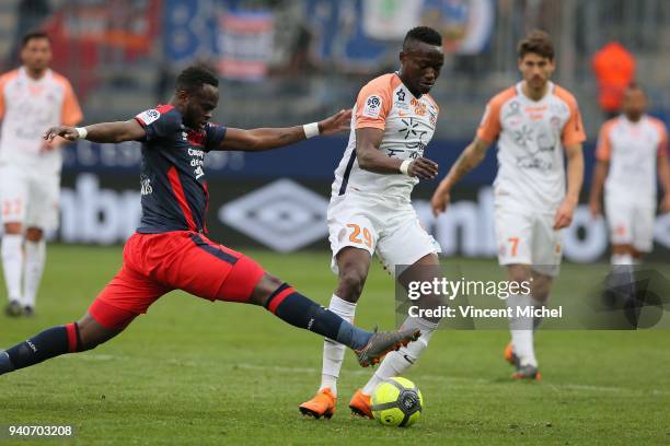 Casimir Ninga of Montpellier and Ismael Diomande of Caen during the Ligue 1 match between SM Caen and Montpellier on April 1, 2018 in Caen, France....