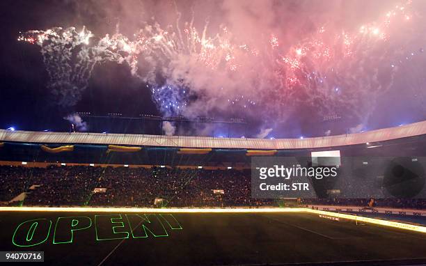 Fireworks illuminate the sky over the "Metalist" stadium during its inauguration ceremony in Kharkiv on December 5, 2009. Ukraine and Poland co-host...
