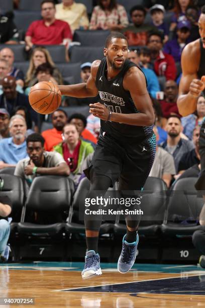 Michael Kidd-Gilchrist of the Charlotte Hornets handles the ball during the game against the Philadelphia 76ers on April 1, 2018 at Spectrum Center...