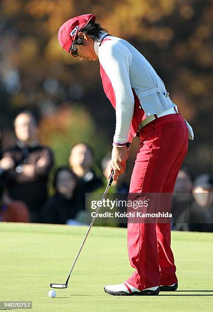 Ryo Ishikawa of Japan looks chips onto the green during the final round of Nippon Series JT Cup at Tokyo Yomiuri Country Club on December 6, 2009 in...