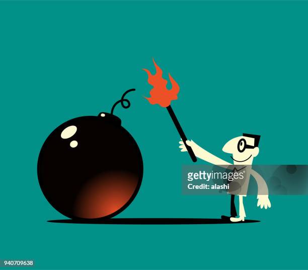 businessman holding a big matchstick (match in fire) and igniting a big bomb with explosive fuse - explosive fuse stock illustrations