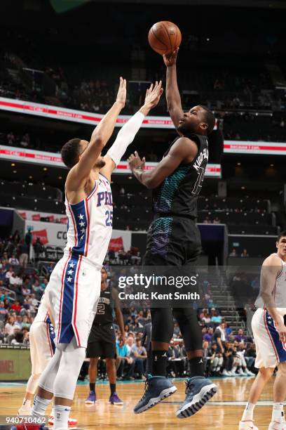 Michael Kidd-Gilchrist of the Charlotte Hornets shoots the ball during the game against the Philadelphia 76ers on April 1, 2018 at Spectrum Center in...